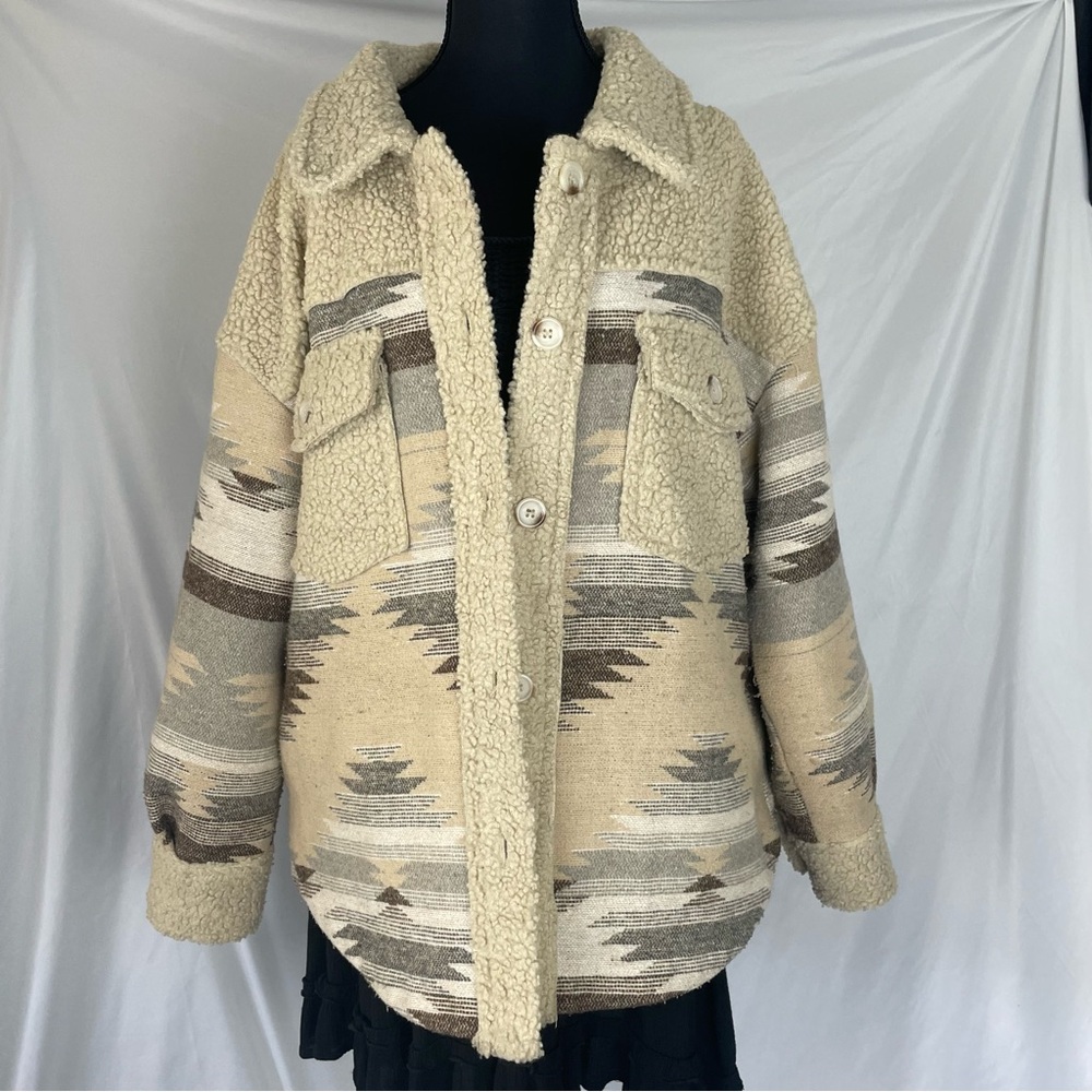Beige Women's Sherpa Jacket with Geometric Pattern